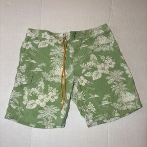 J Crew Shorts Medium Adult Green Floral Mesh Lined Boardshorts Swim Trunks Mens